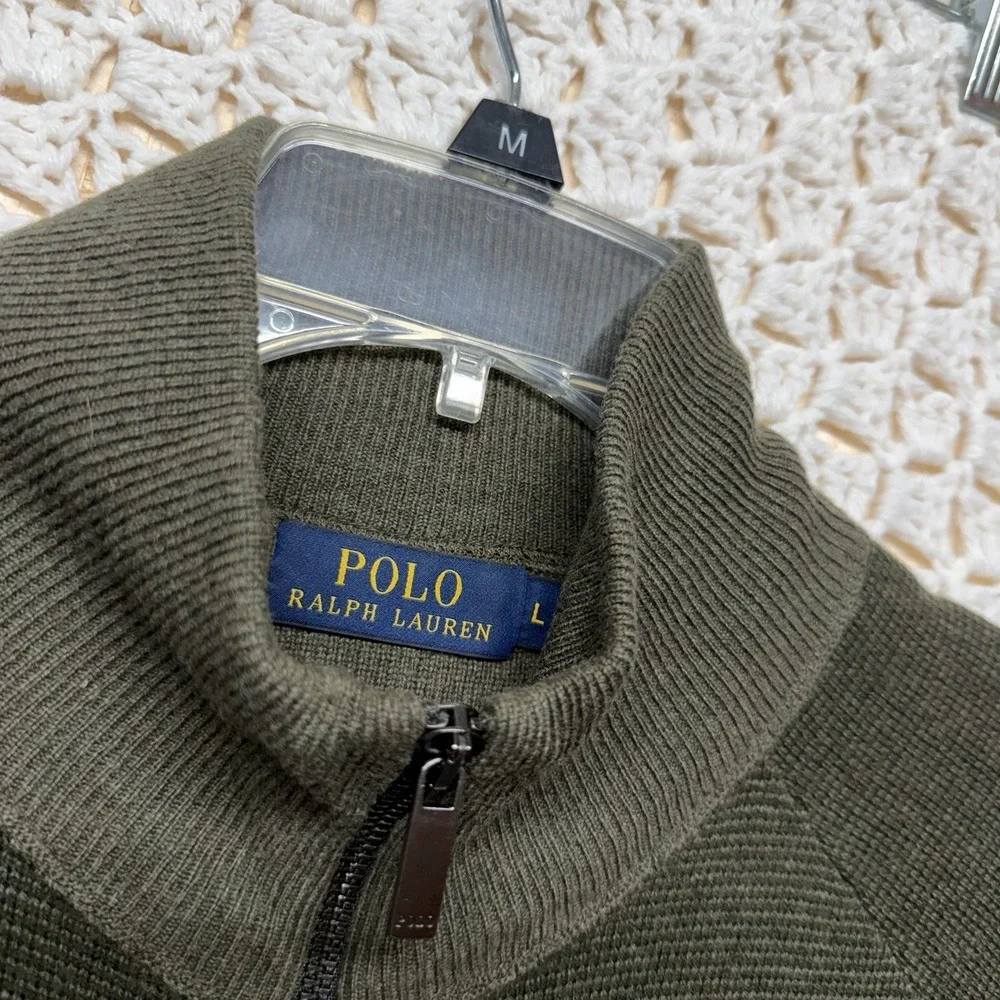 Polo Ralph Lauren Sweater Men's Sz L Olive Green 100%Wool Merino Full Zip